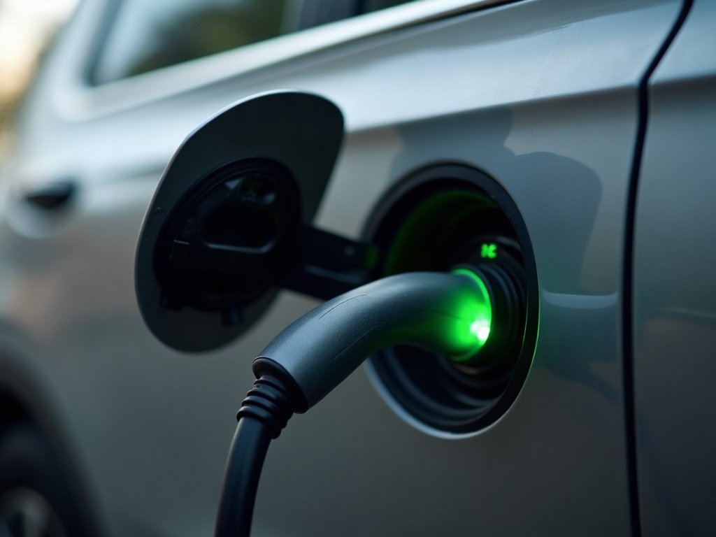 Close-up of an EV charging connector plugged into a rental car