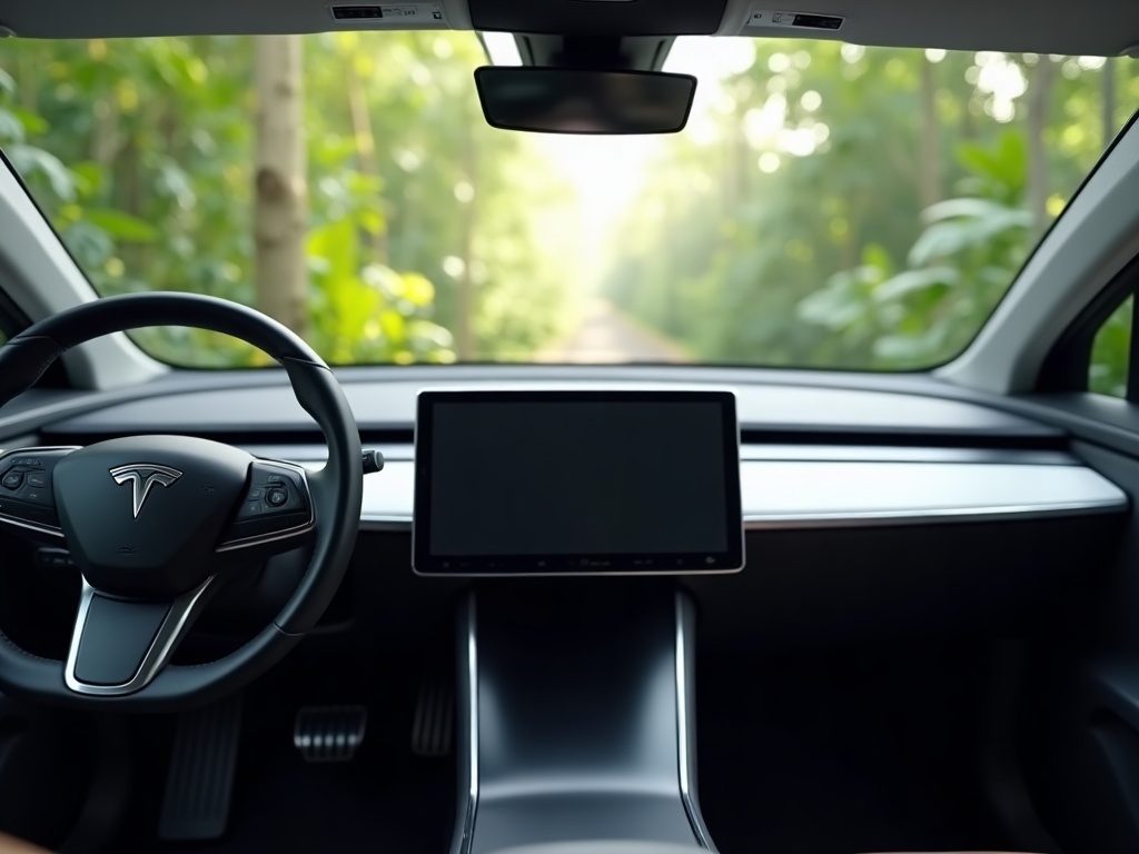 Modern electric car interior with digital dashboard in daylight