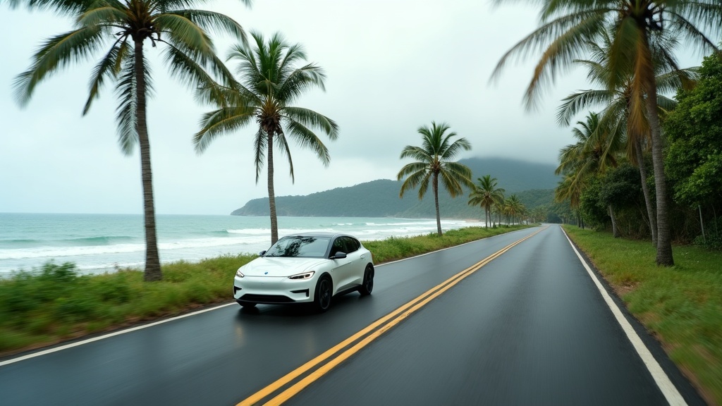 Electric car driving along a palm-lined coastal road in Bali