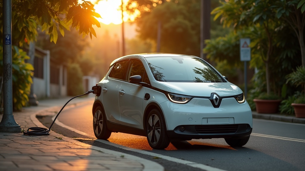 Electric rental car charging on a quiet Bali street at golden hour